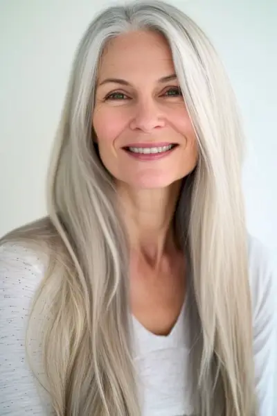 60 歳以上の笑顔の女性のストレートの銀色の長い髪。