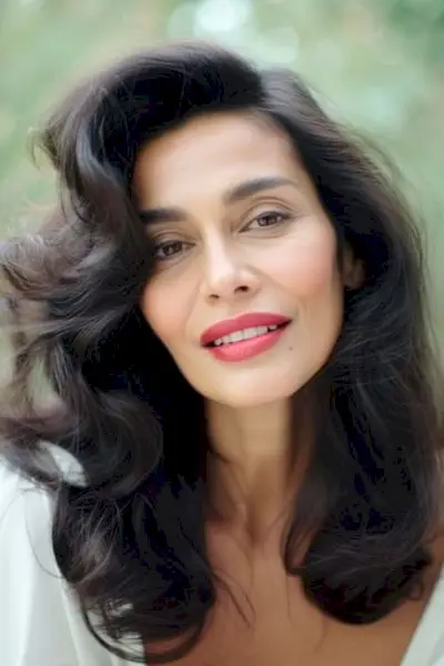 赤い口紅を着た 60 歳以上の美しい女性のサイド部分が深いロマンチックなカール。