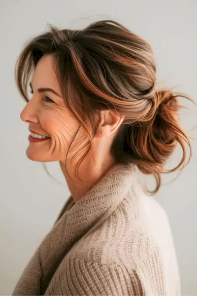 60代の笑顔の女性の、低く乱雑なシニヨンパン、側面図。