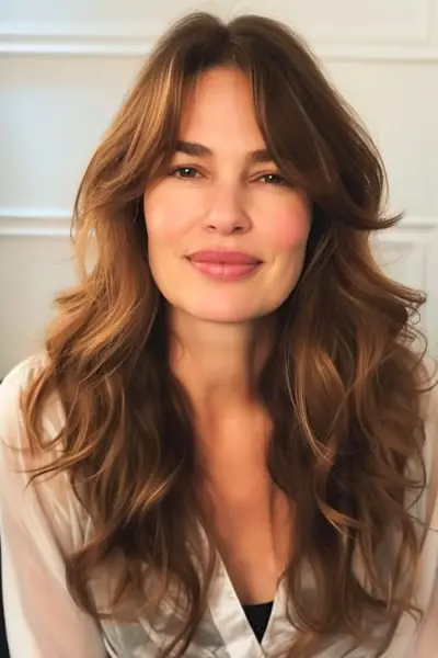 長い茶色の髪のゴージャスな年配の女性にカーテンの前髪が付いた柔らかいウェーブ。