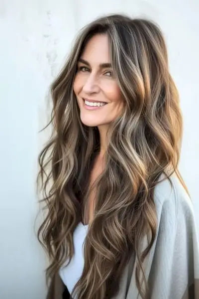 茶色の髪を持つ 60 歳以上の美しい女性に長いバレイヤージュ ウェーブ。