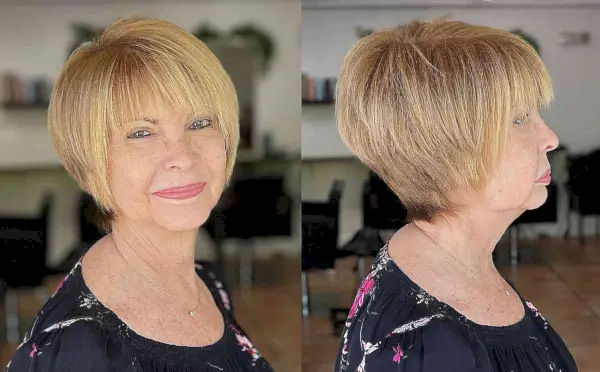 Round Pixie Bob with Eyebrow-Skimming Bangs for Ladies Over 60