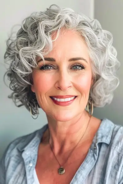 60代女性のためのショートグレーのカールの巻き毛のヘアスタイル。
