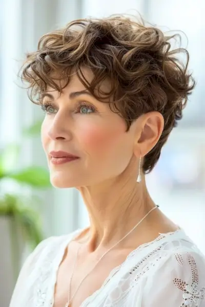 60代の女性のためのカーリーブラウンピクシーのヘアスタイル。