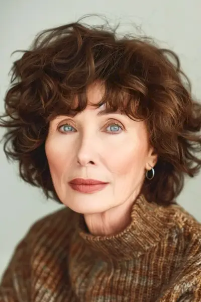 60代女性向けのゆるカールのレイヤードボブのヘアスタイルです。