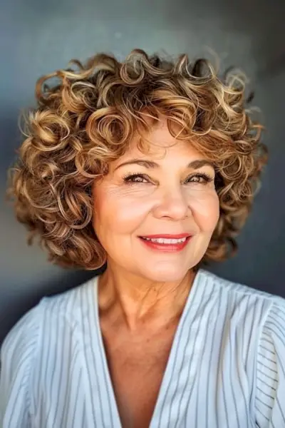 キャラメルブロンドのハニーハイライトレイヤードカールは、60歳以上の女性向けのヘアスタイルです。