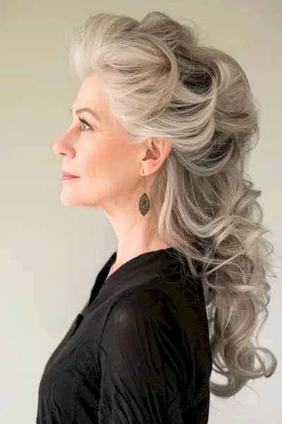 60代女性向けのハーフアップ・ハーフダウンの巻き髪ヘアスタイルです。