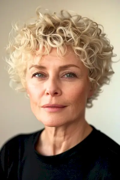 60代の女性のためのカーリーブロンドのピクシーショートのヘアスタイル。
