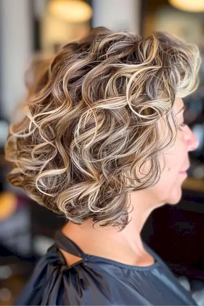 ハイライトを入れたレイヤードカーリーボブ。