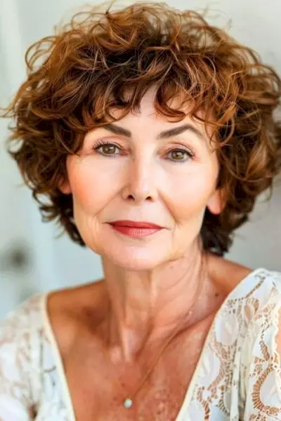 60歳以上の女性のための茶色のレイヤードカールのカーリーヘアカット。