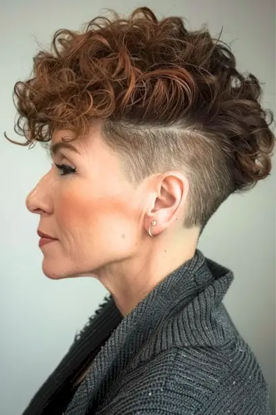 年配の女性向けの、アンダーカットのピクシーヘアスタイルの巻き毛の乱れたトップ。