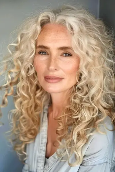 年配の女性のための長いブロンドのカールの巻き毛のヘアスタイル。