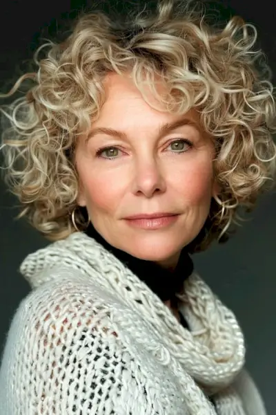 60歳以上の女性のための短いブロンドのカールの巻き毛のヘアスタイル。