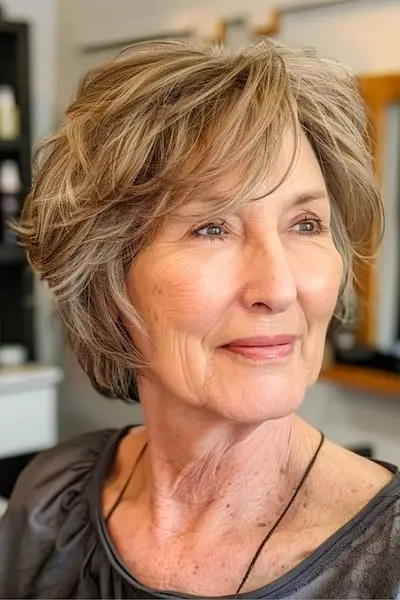 Bløde fjerlag med pandehår Frisure til kvinder over 60 med fint hår.