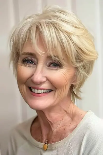 Beskåret blonde lag med pandehår Frisure til kvinder over 60 med fint hår.