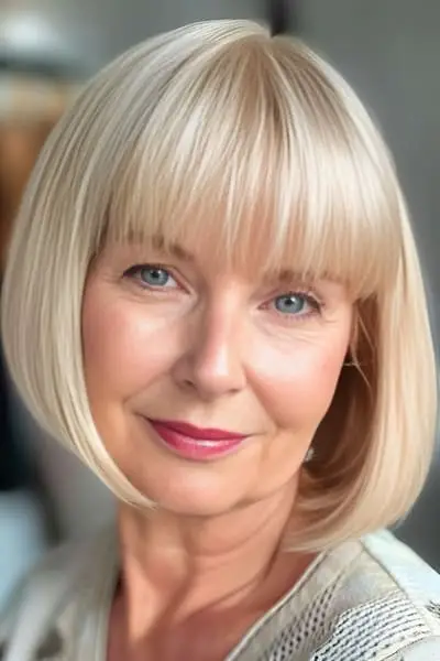 Hake-længde Bob med fuld pandehår-frisure til kvinder over 60 med fint hår.