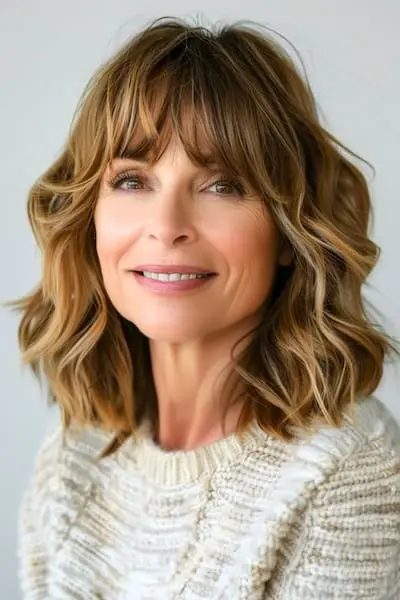 Skulderlange bølger med pandehår Frisure til kvinder over 60 år med fint hår.