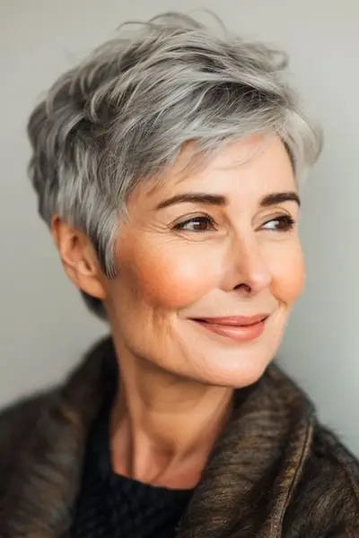 Tekstureret fjerformet nissefrisure til kvinder over 60 med fint hår.