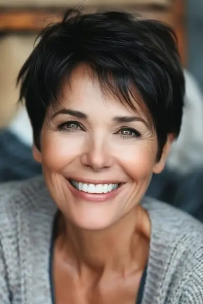 Pixie med Piecey Bangs Frisure til kvinder over 60 med fint hår.