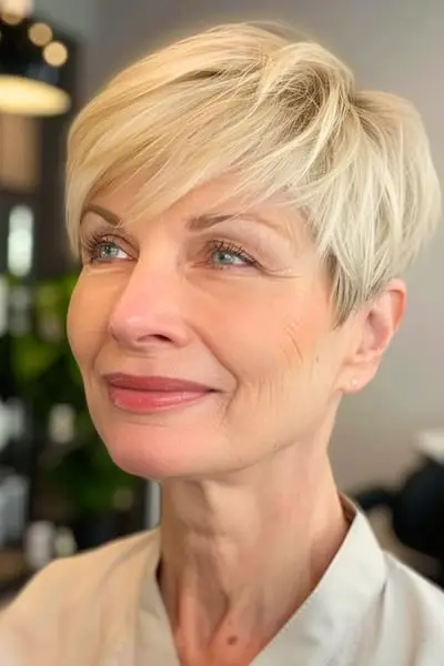 Pixie with Side-Swept Bangs Frisure til kvinder over 60 med fint hår.