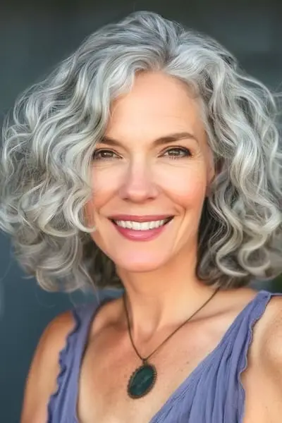 Skulderlængde krøllefrisure til kvinder over 60 år med fint hår.