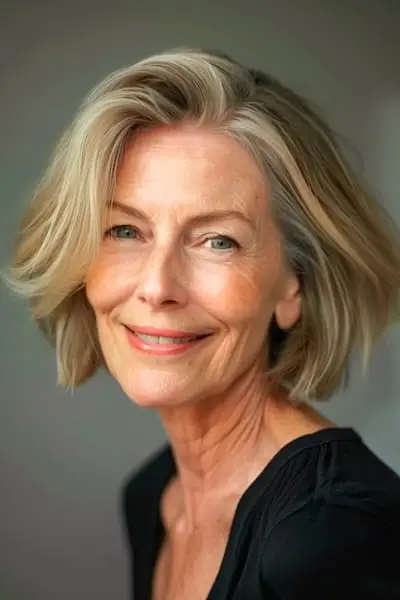 Blunt Bob med sidedel frisure til kvinder over 60 med fint hår.